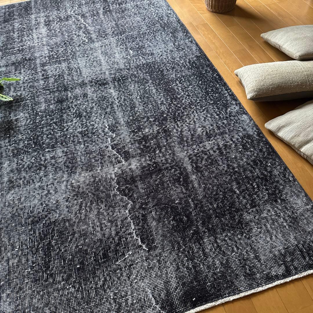 110×203 ブラックグレイオーバーダイ　ワンカラー　トルコヴィンテージラグ