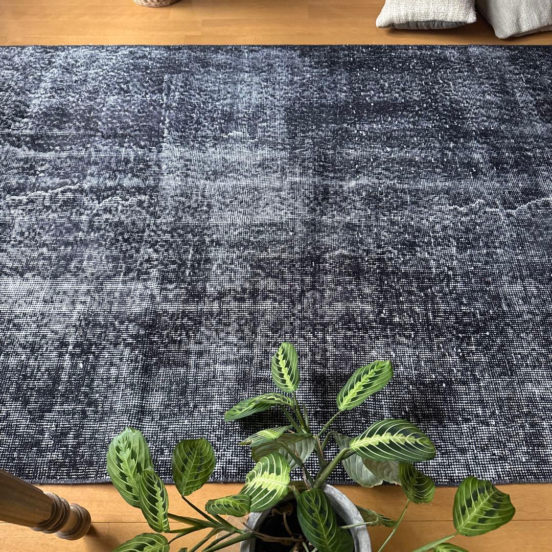 110×203 ブラックグレイオーバーダイ　ワンカラー　トルコヴィンテージラグ