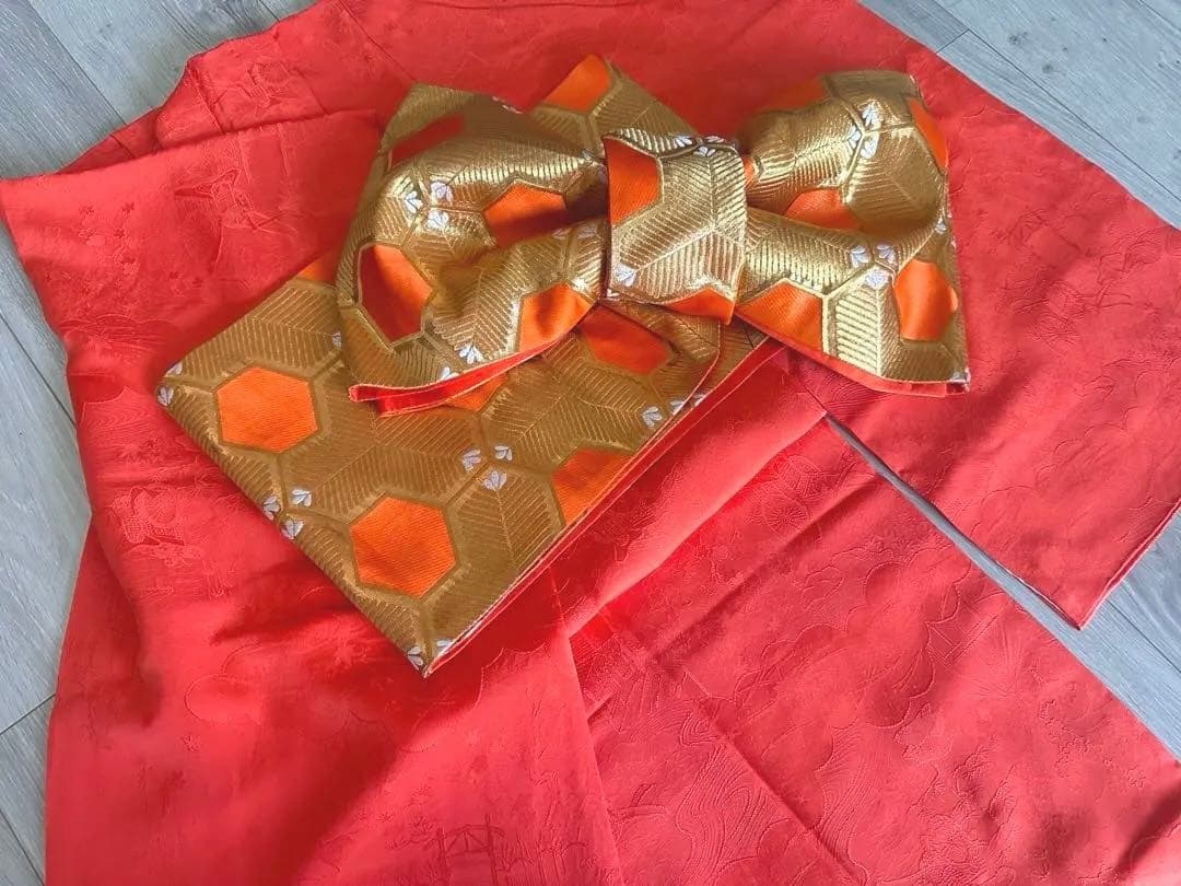 女の子 お祝い着 無地振袖 着物と帯のセット 十三詣り 七五三 アンティーク