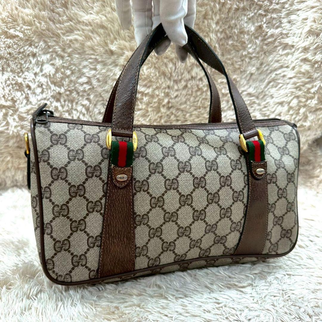 【美品】グッチ ミニボストンバッグ ベージュ スプリーム シェリーライン