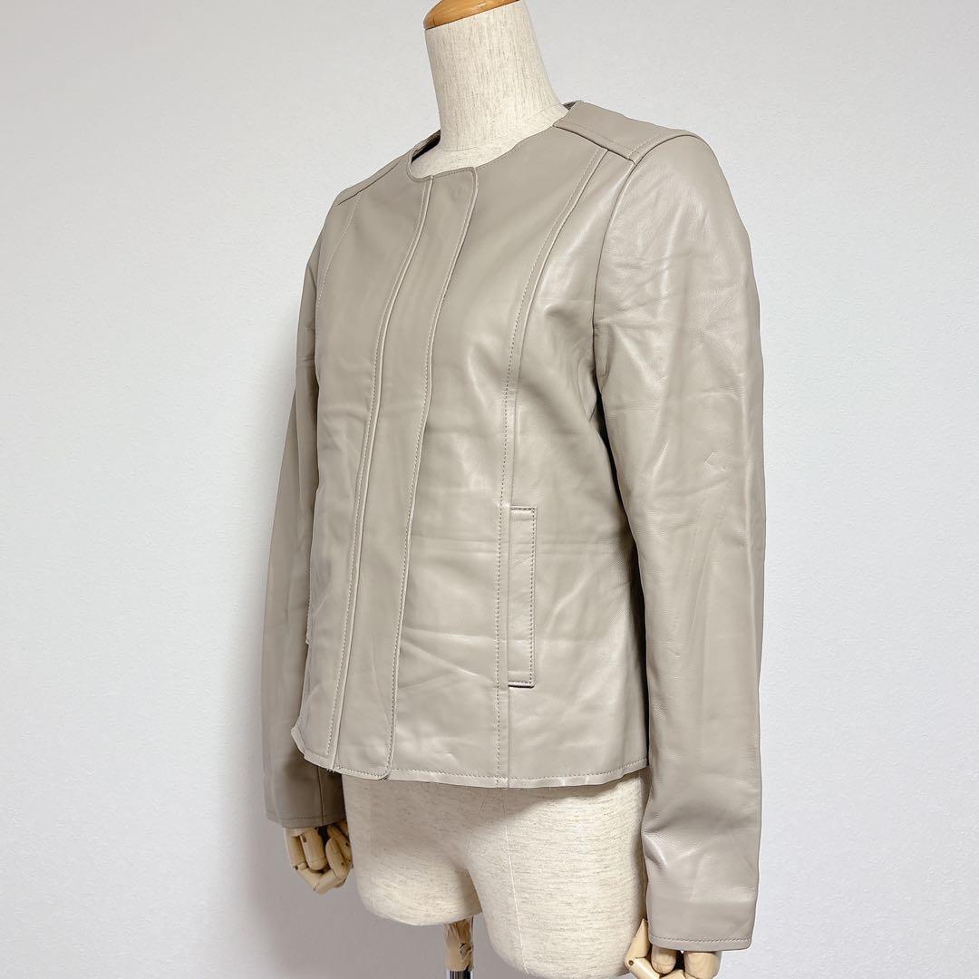 美品 もりのがっこう レディース 長袖 ノーカラー レザー ジャケット 羊革 Ｌ