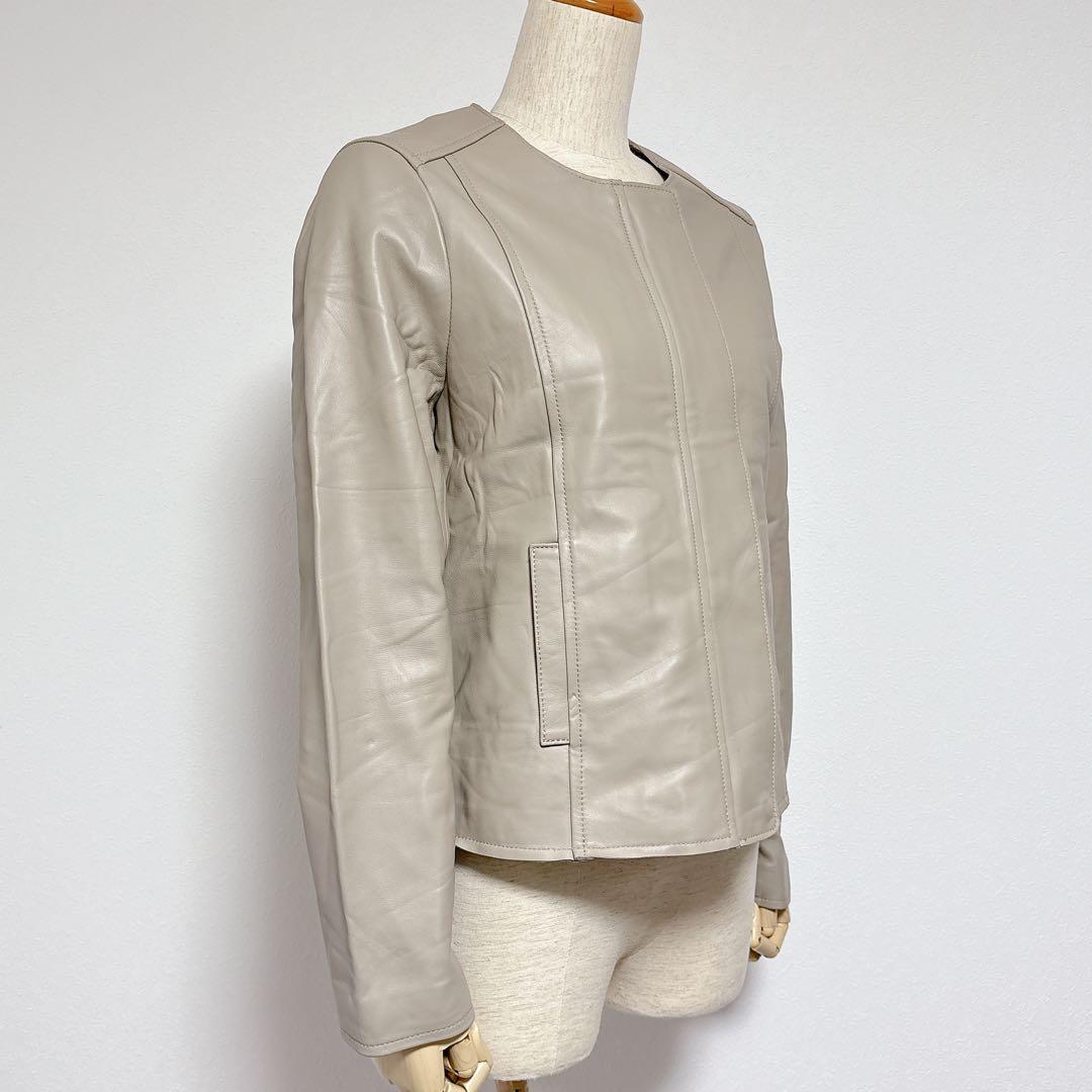 美品 もりのがっこう レディース 長袖 ノーカラー レザー ジャケット 羊革 Ｌ