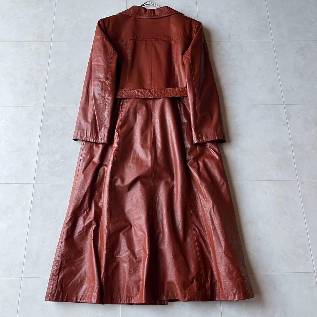 ヴィンテージ リアルレザー ロングコート ブラウン 11 L 裏地牛柄 アニマル