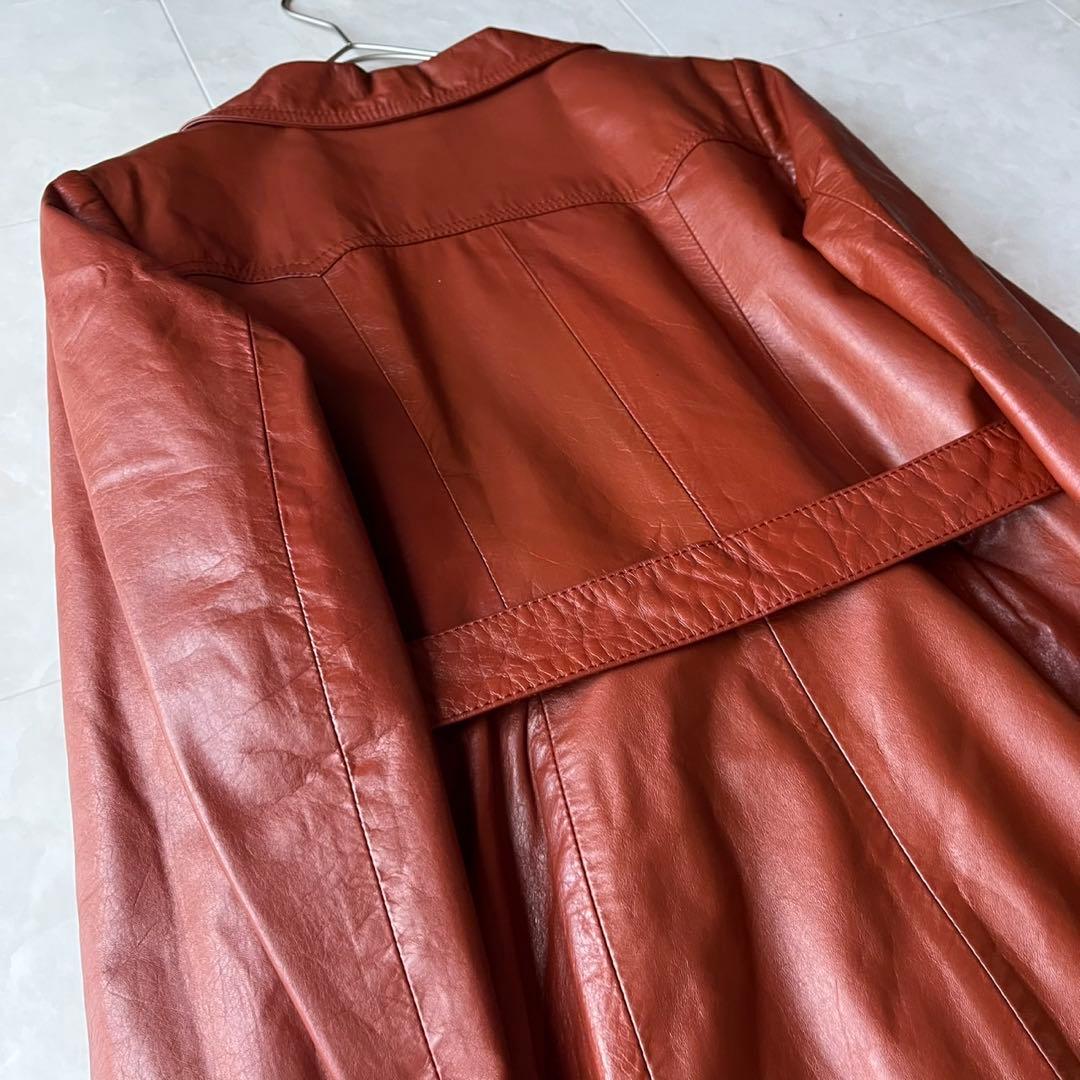 ヴィンテージ リアルレザー ロングコート ブラウン 11 L 裏地牛柄 アニマル