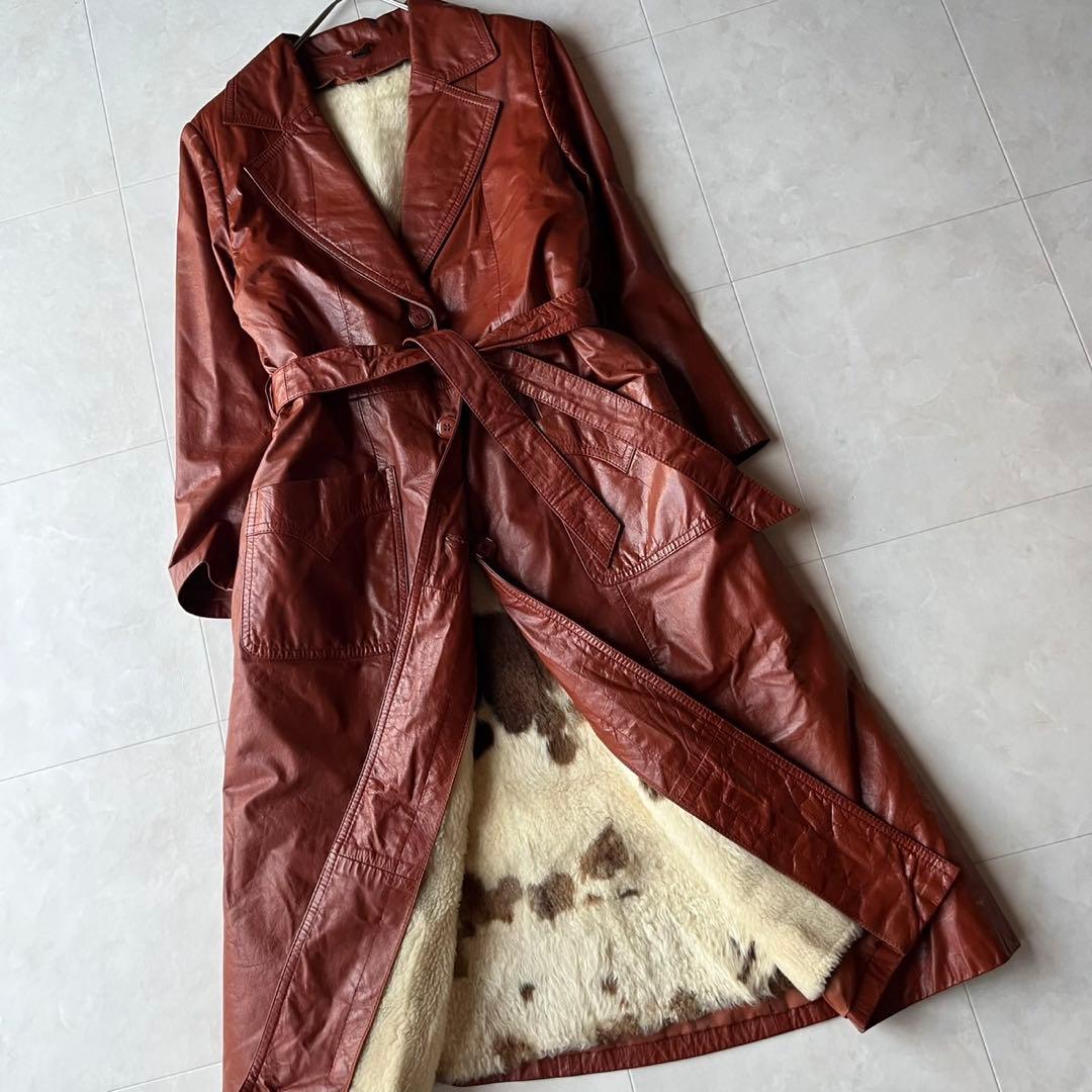 ヴィンテージ リアルレザー ロングコート ブラウン 11 L 裏地牛柄 アニマル