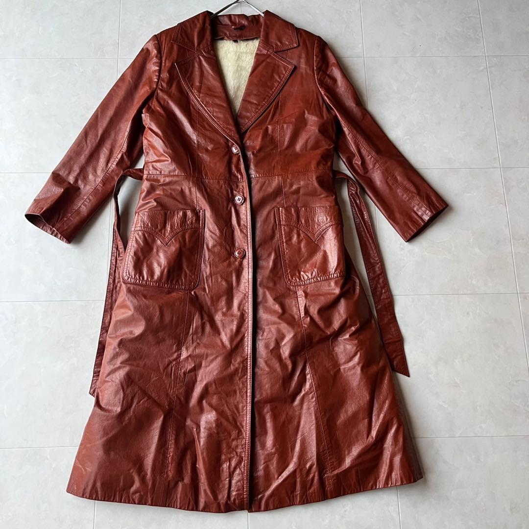 ヴィンテージ リアルレザー ロングコート ブラウン 11 L 裏地牛柄 アニマル