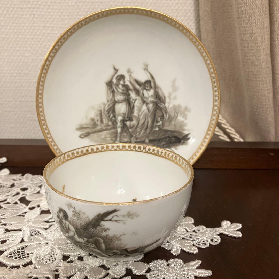 アンティークマイセン マルコリーニ期　グリザイユ　アポロとダフネ神話図CS