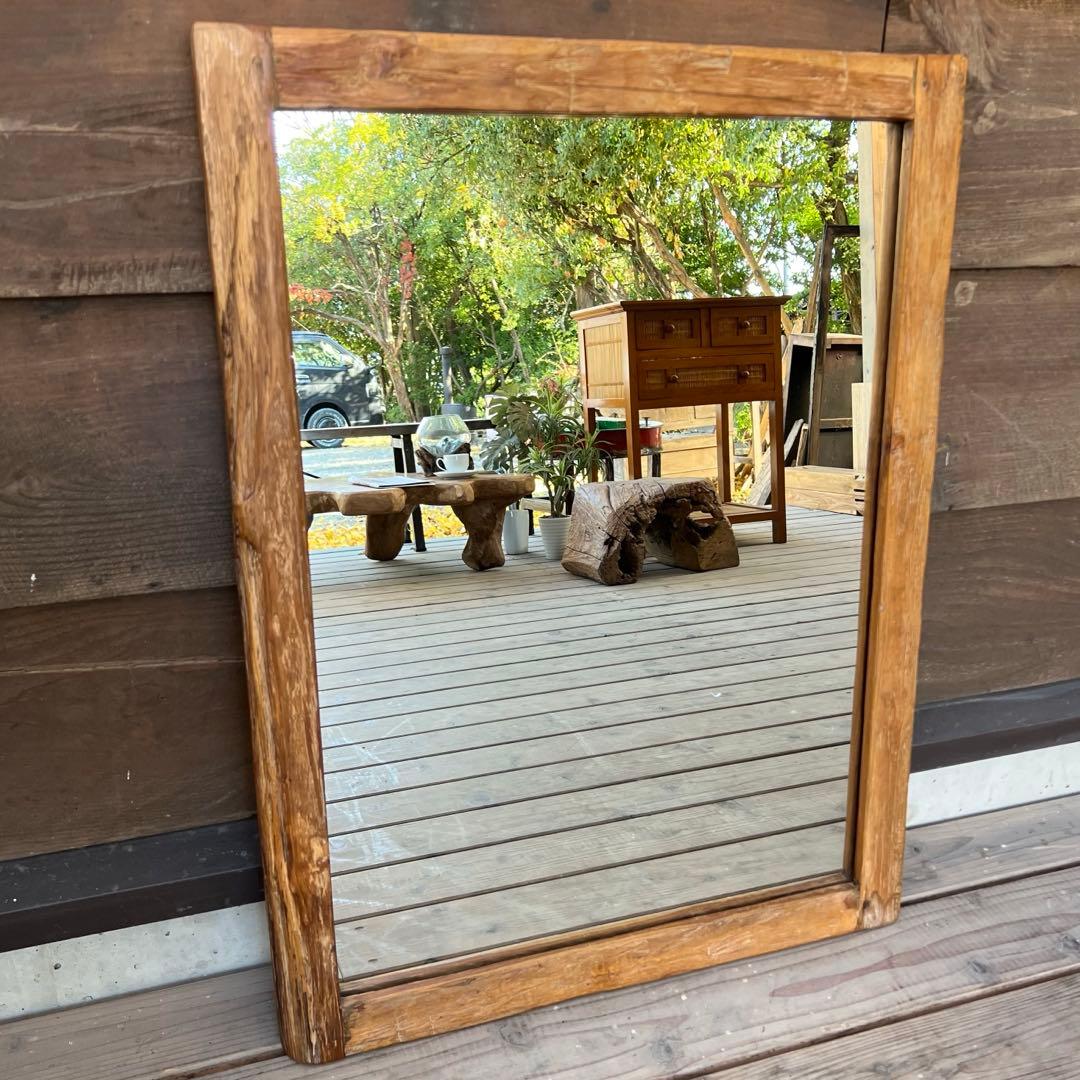 一点物 オールドチーク材の壁掛け鏡 80cm × 60cm 木製フレーム 無垢材