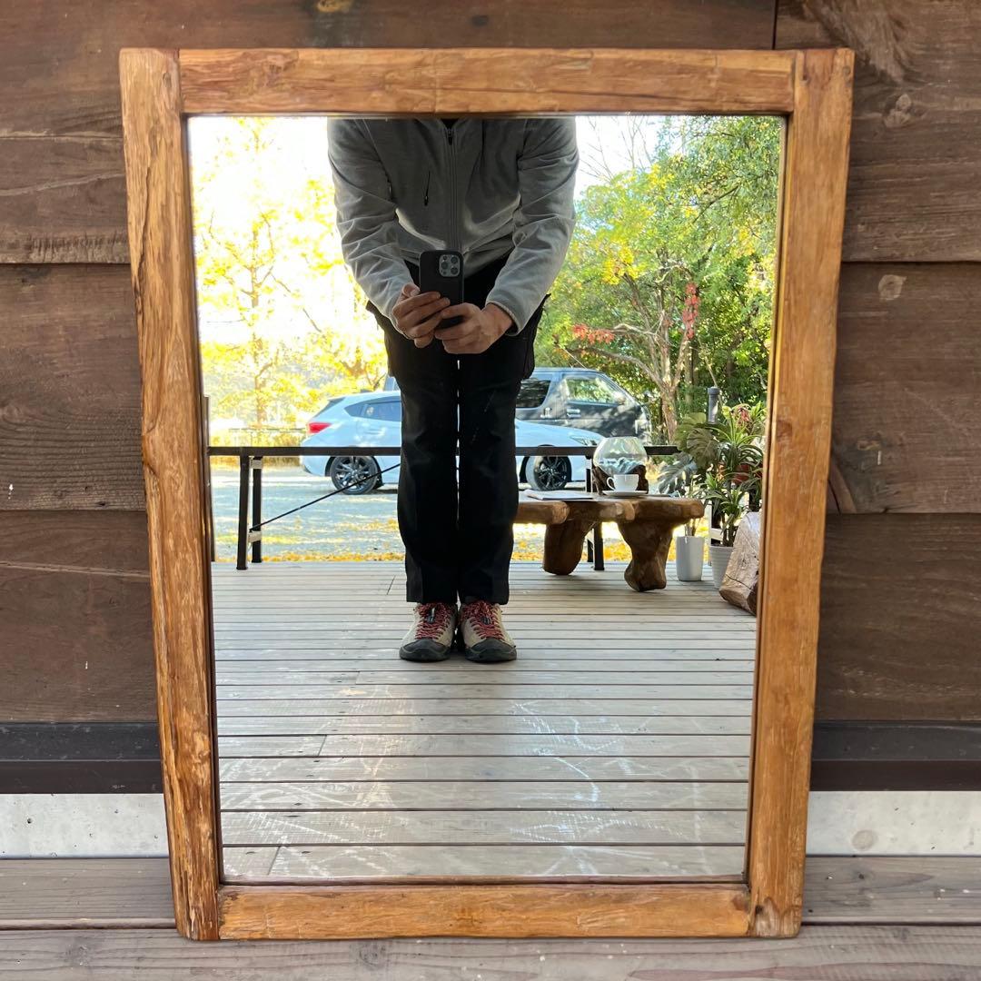 一点物 オールドチーク材の壁掛け鏡 80cm × 60cm 木製フレーム 無垢材