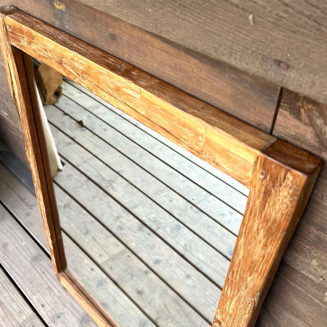 一点物 オールドチーク材の壁掛け鏡 80cm × 60cm 木製フレーム 無垢材