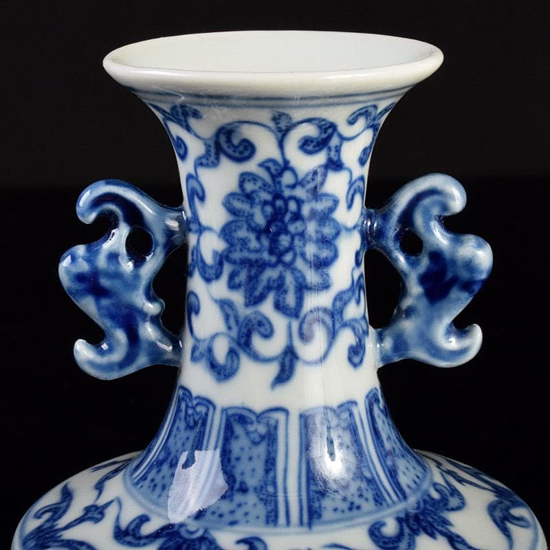 中国　景徳鎮製　青花　龍花文　双耳瓶　一對　D　R5075