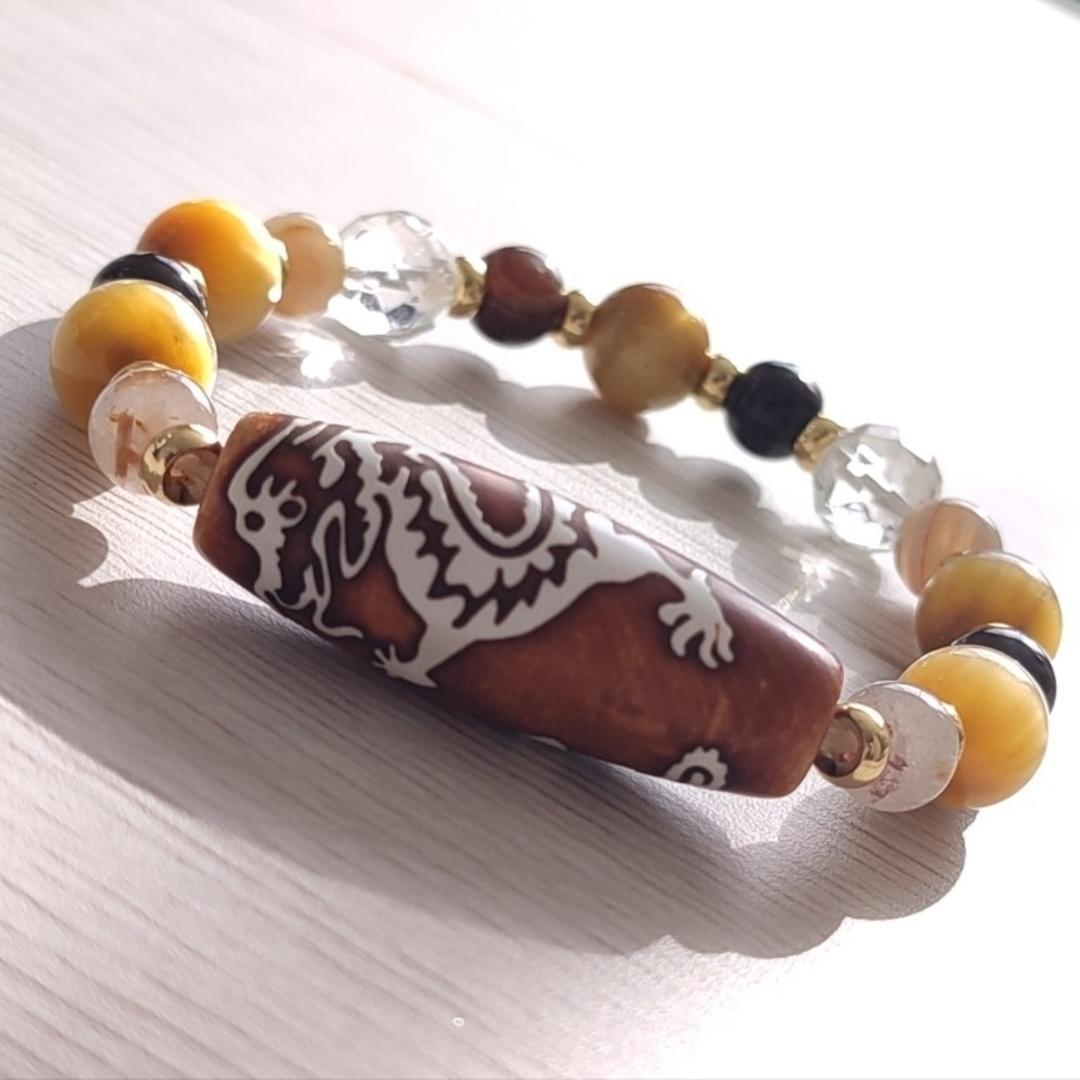 龍神天珠とゴールドルチル・ゴールデンタイガーアイ・天眼石のパワーストーン ブレス