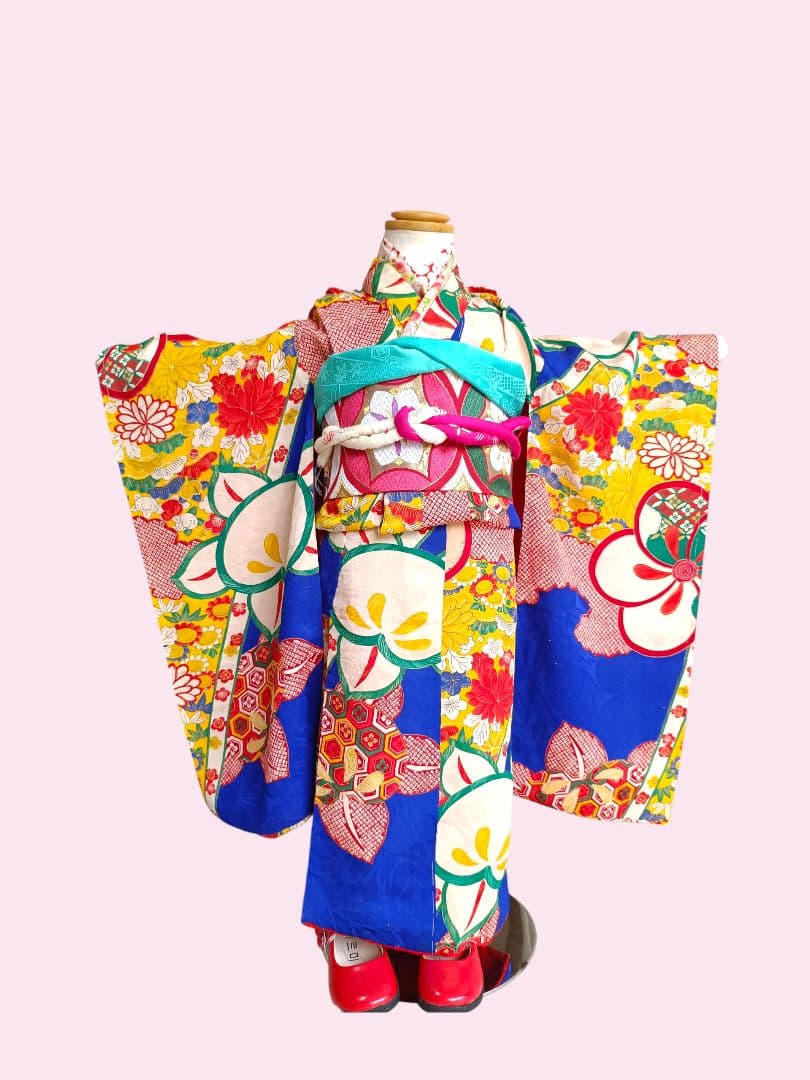 専用です☆アンティーク青に捻り梅の着物と作り帯のセット☆七五三3歳