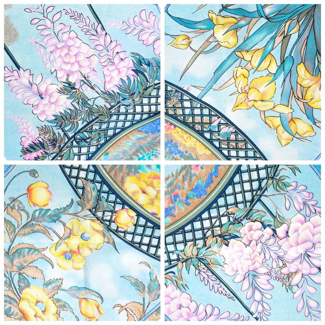HERMES　GIVERNY モネの庭 　スカーフ カレ90 花と庭園 ブルー