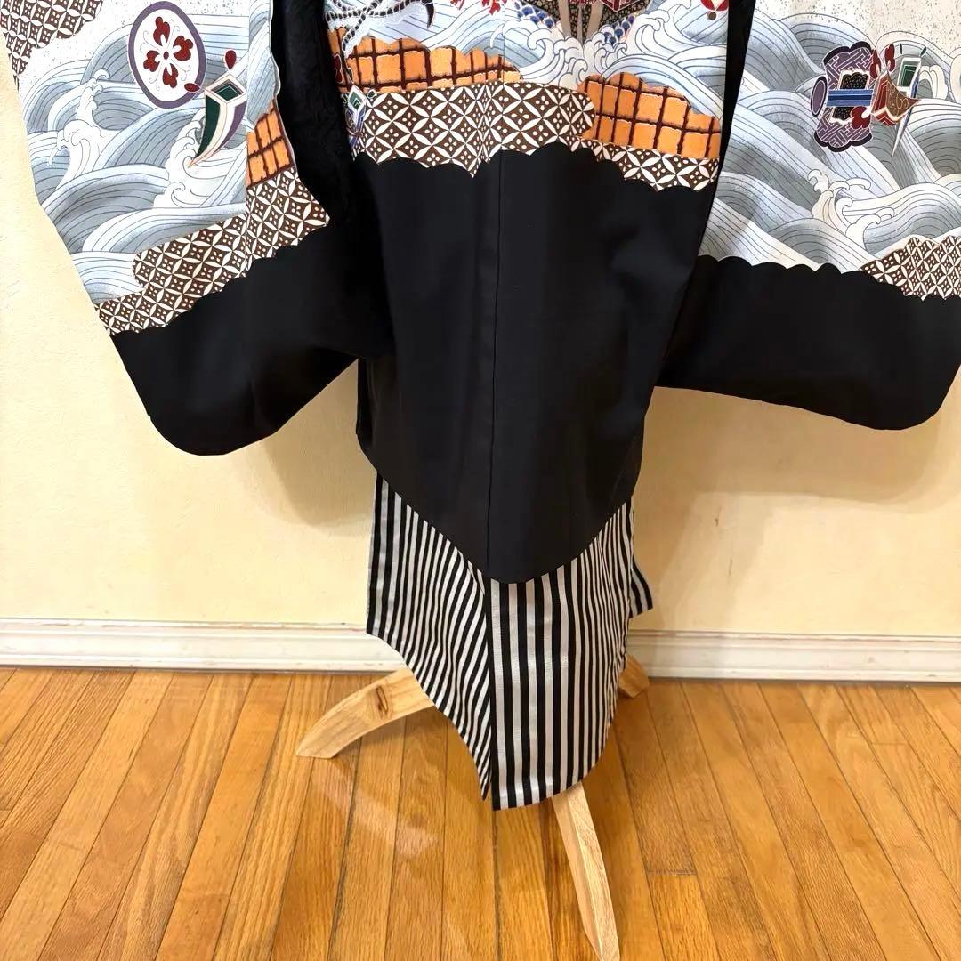 美品‼️七五三 五歳‼️人気の黒地に鷹 太鼓 金彩煌びやか❤️完全フルセット