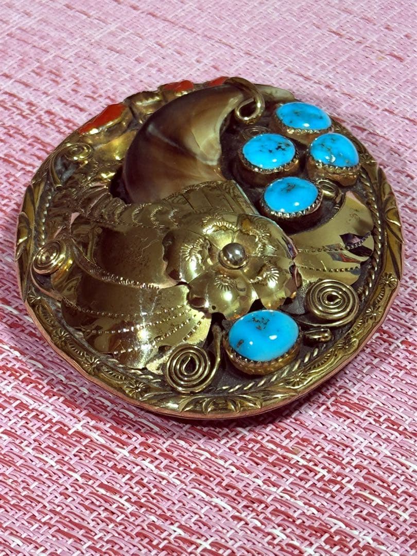 ナホバ•ネイティブアメリカン12KGFバックル•ベアクロウ•ターコイズ•赤珊瑚