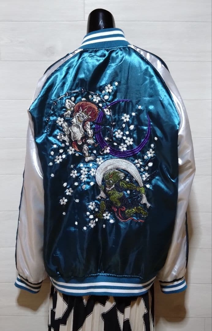 一心如鏡 スカジャン 風神雷神 刺繍 桜 月 和柄 サテン ブルーグリーン 5L