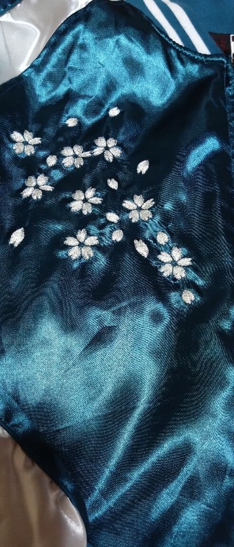 一心如鏡 スカジャン 風神雷神 刺繍 桜 月 和柄 サテン ブルーグリーン 5L