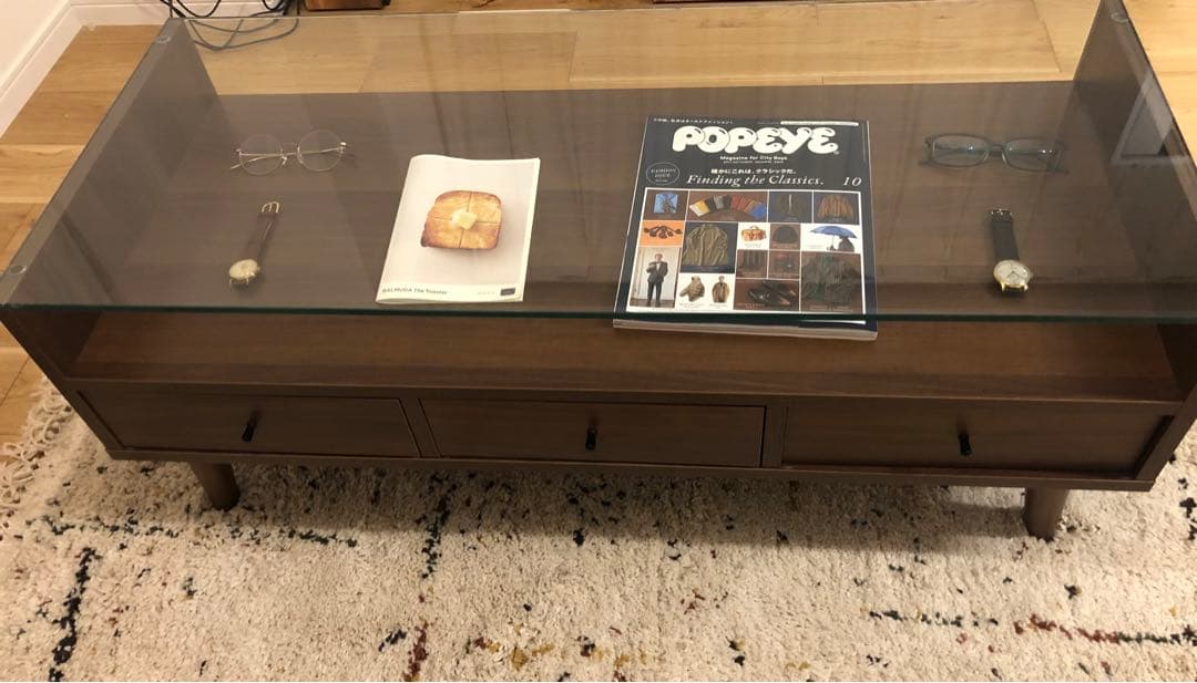 ガラステーブル　木製　センターテーブル 引き出し付き