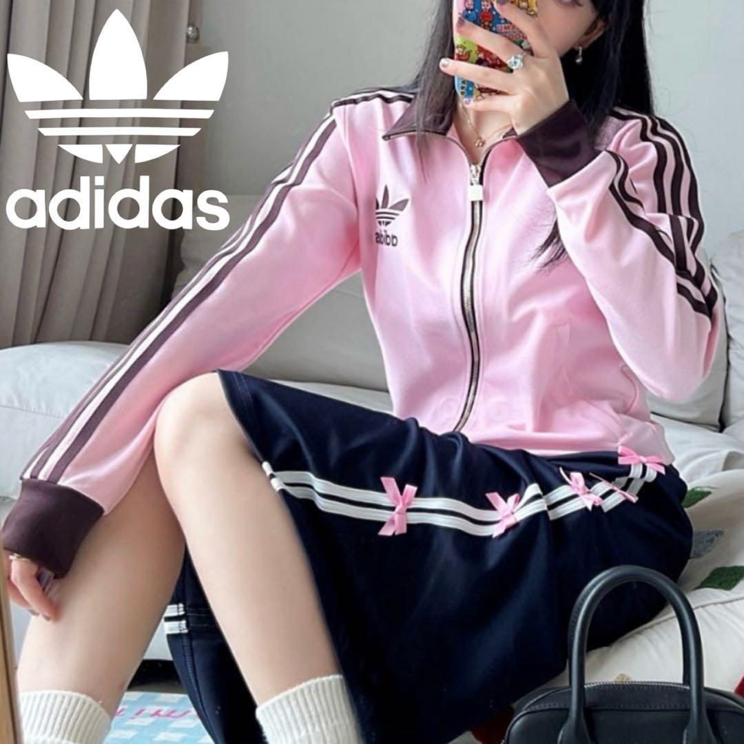 新品XL⭐️韓国限定 adidasトラックジャケット 刺繍ロゴ ピンク×ブラウン