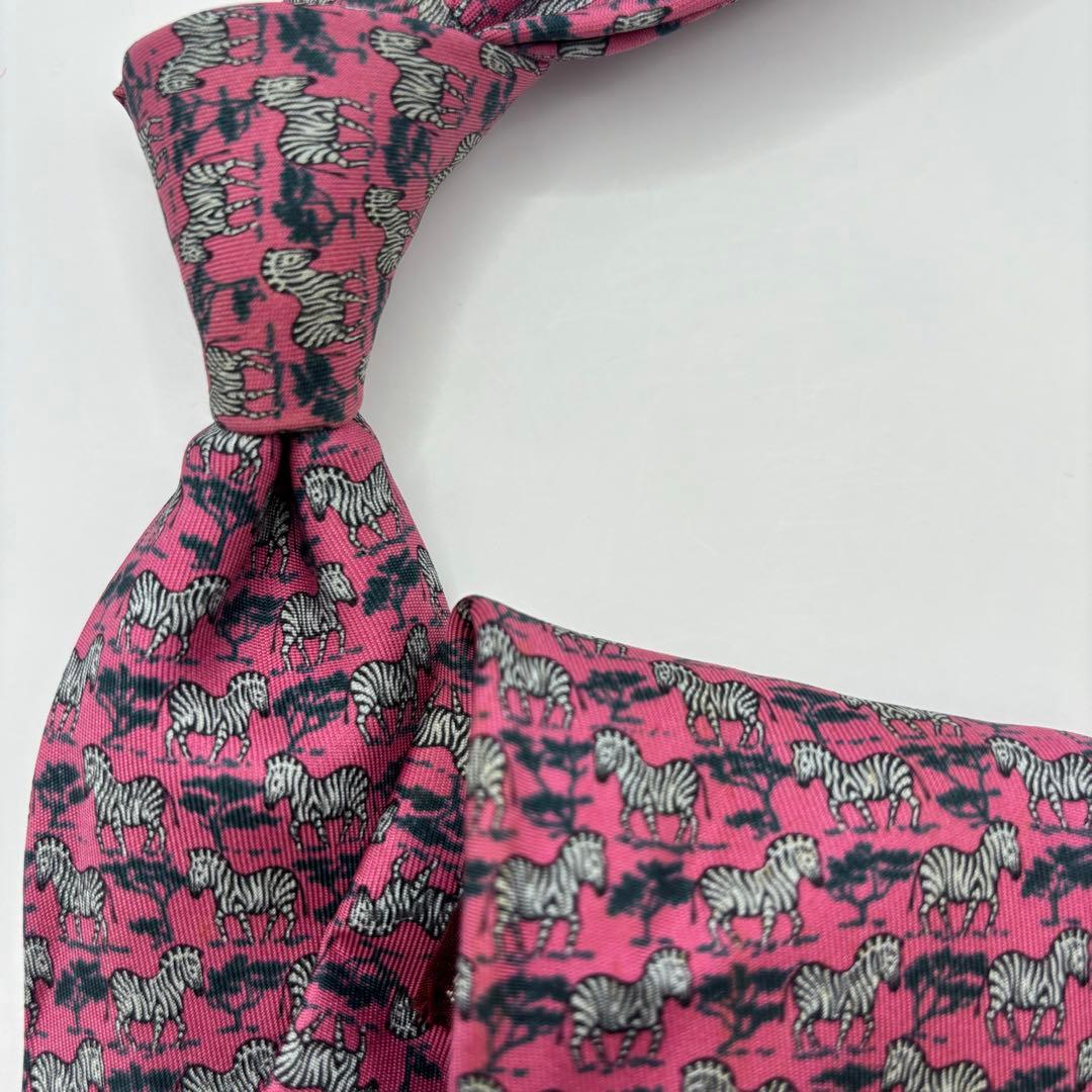 【極美品】HERMES エルメス ネクタイ ピンク シマウマ 動物 アニマル