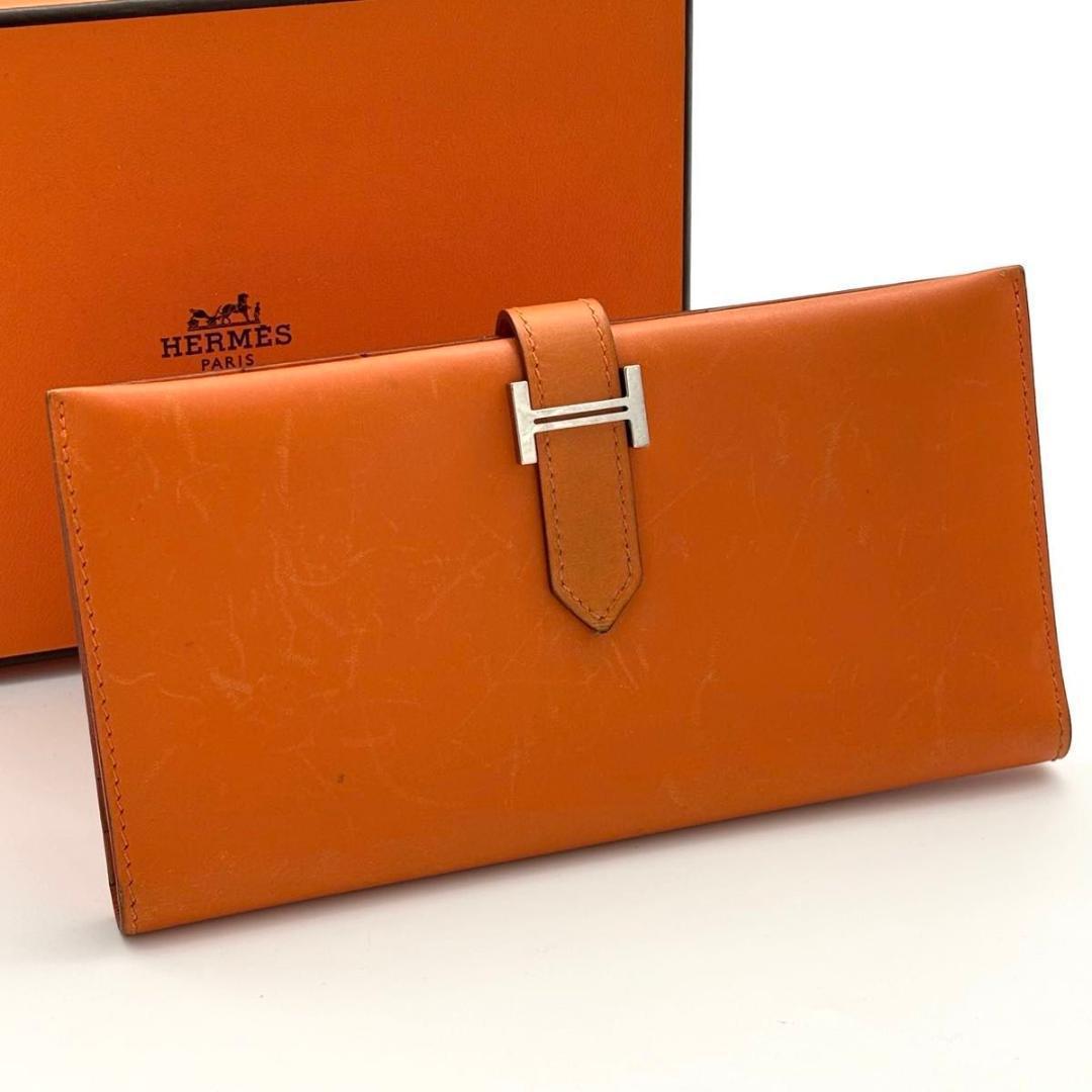【美品】エルメス ベアン クラシック ボックスカーフ 二つ折り 長財布 オレンジ