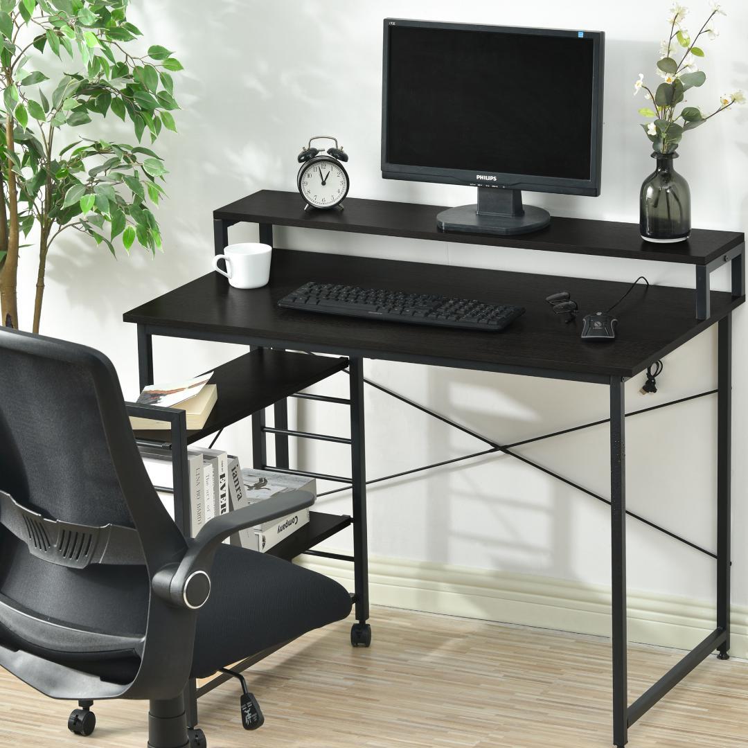 【ブラック】パソコンデスク キャスター付きで移動可能ラック付き デスク学習デスク