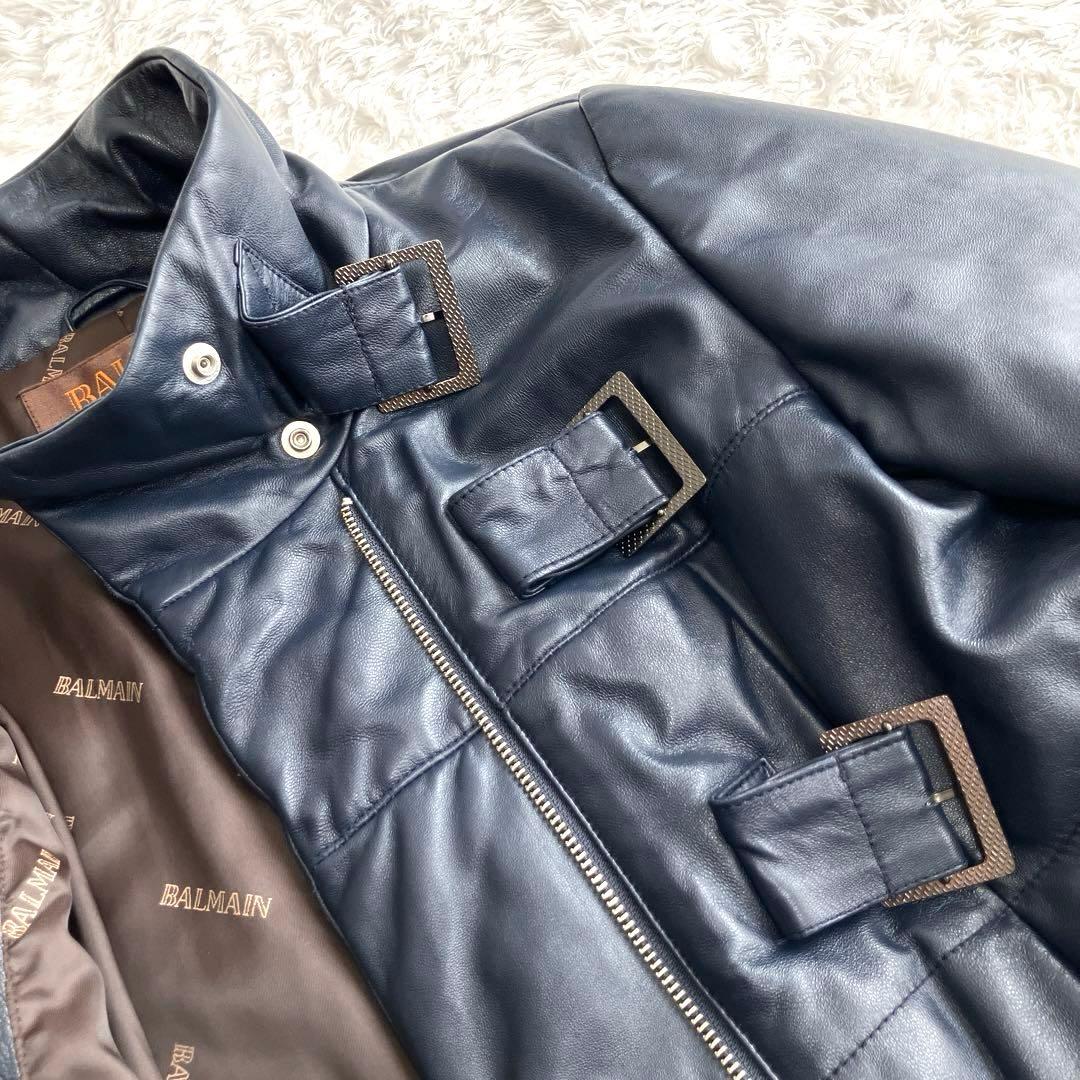 【美品】BALMAIN 高級ラムレザー　パデッドコート　ダークネイビー