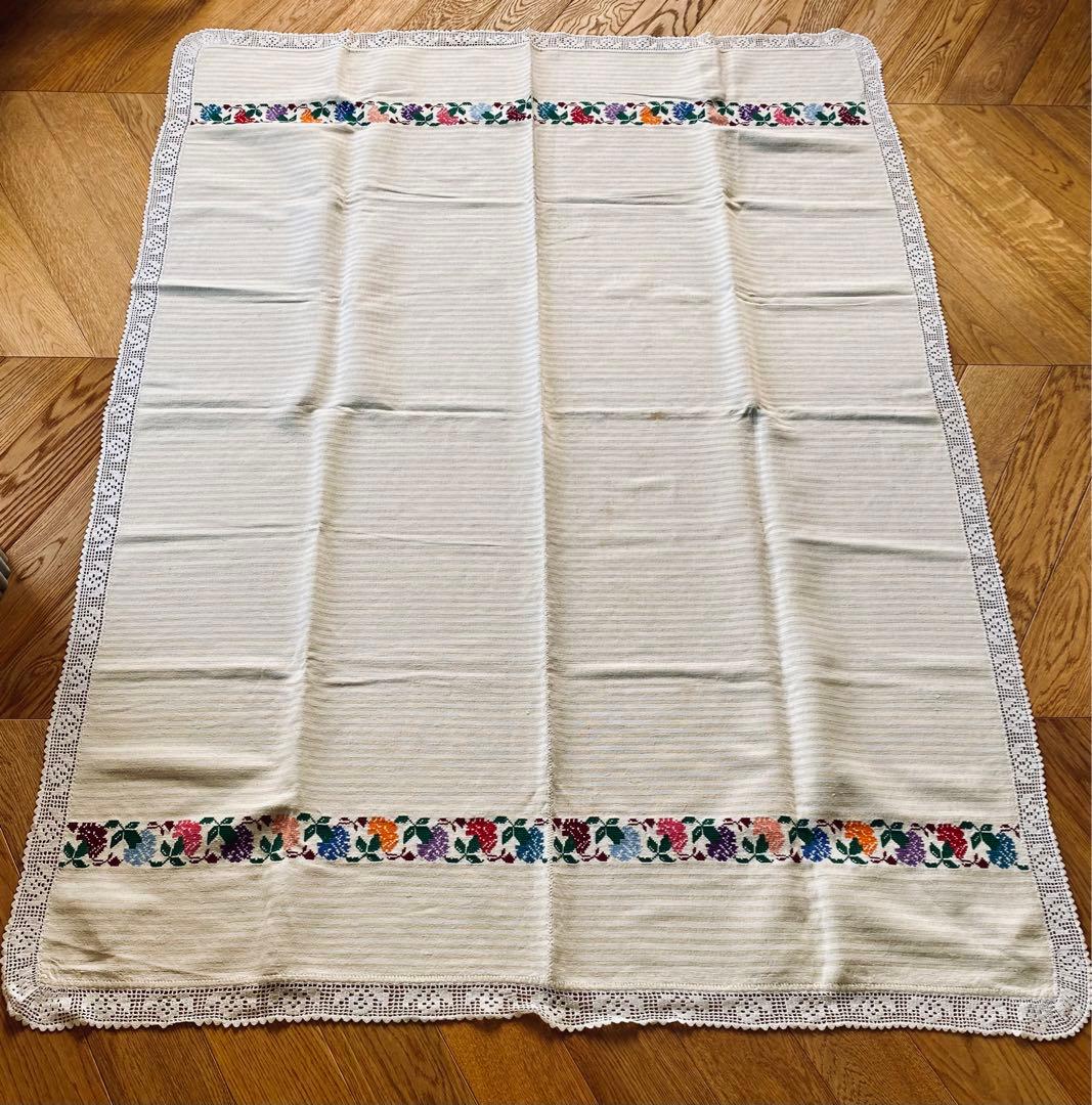 フランスアンティーク クロスステッチ コットンリネン ボーダー マルチクロス