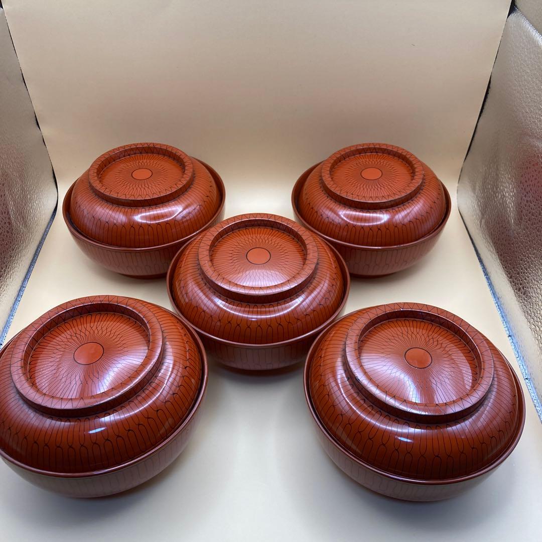 輪島塗　網目　蓋つき煮物椀　手描き　5客