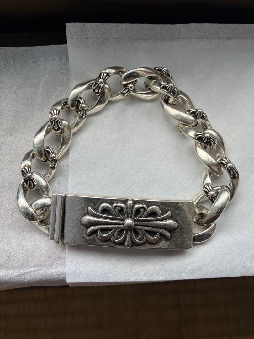 美品 22cm フローラルクロス IDブレスレット ファンシーチェーン 重厚ごつ