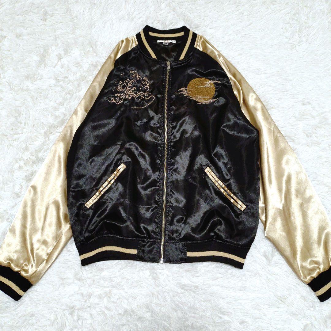 絡繰魂 風神雷神 スカジャン 刺繍 和柄 ロゴ ブラック ゴールド L 黒 金