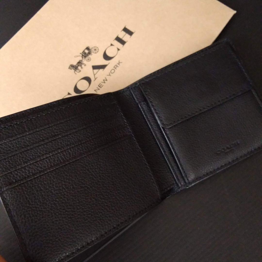 新品　COACH　折り財布　メンズ　ブラック　人気の小銭入れ付き