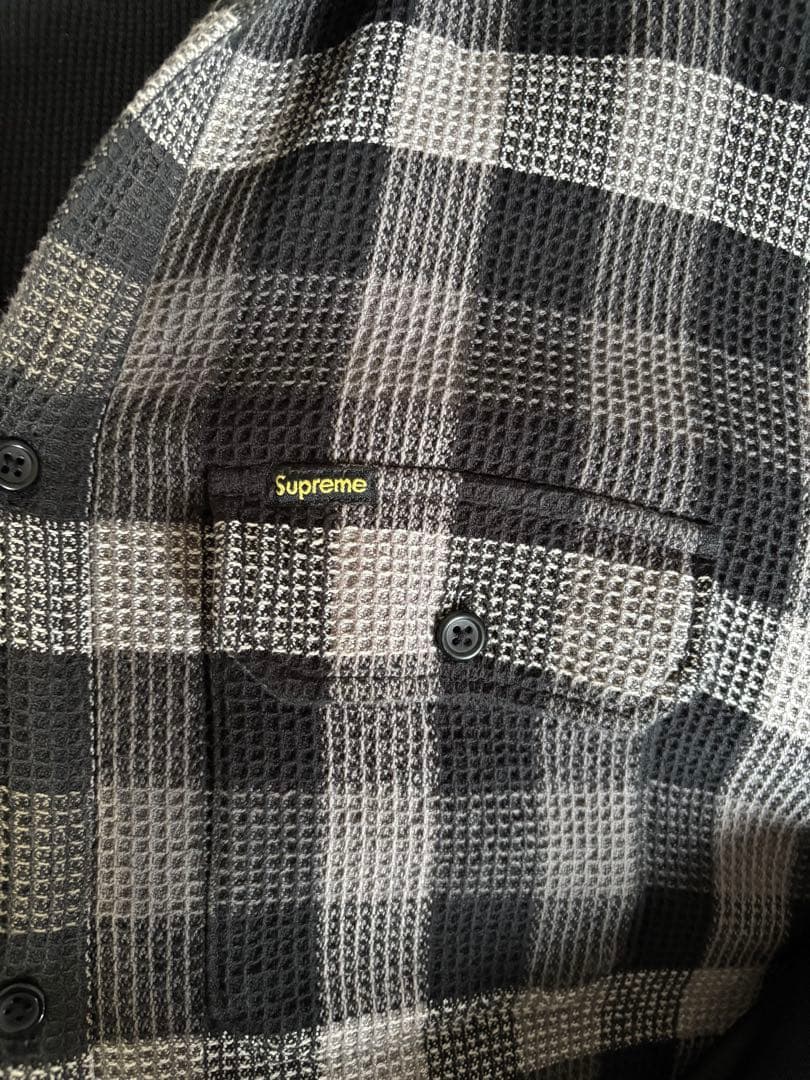 SUPREME Waffle Plaid Hooded Shirt M 黒