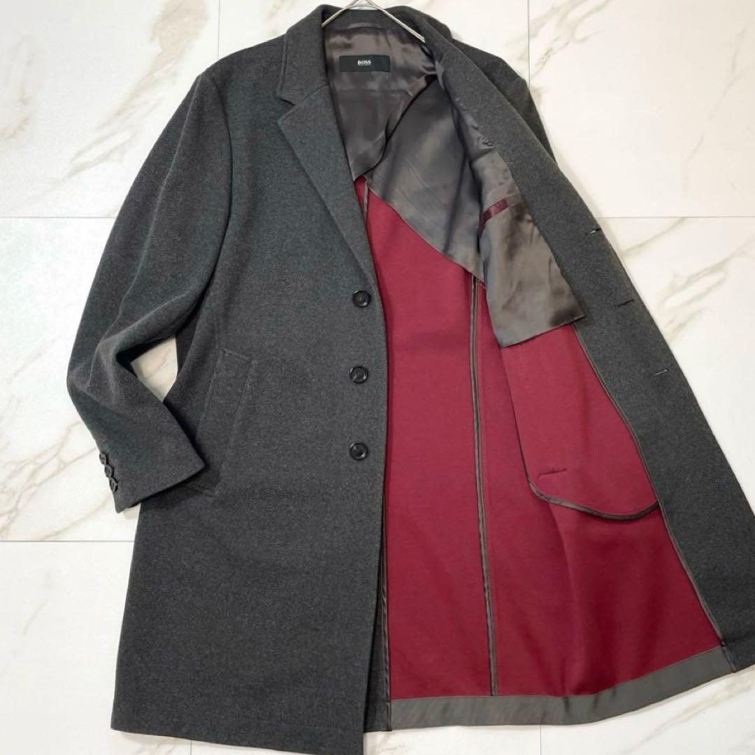 【美品】ヒューゴボス チェスターコート ストレッチ ロング 裏地赤 グレー 50