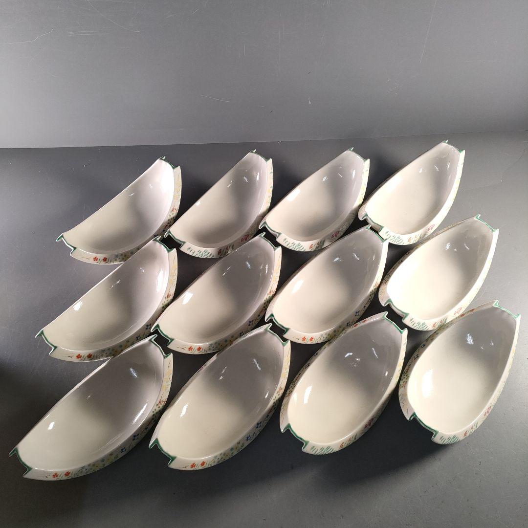 A1374-5/有田焼/錦右衛門窯/色絵花草文三日月形足付小鉢12客/懐石道具