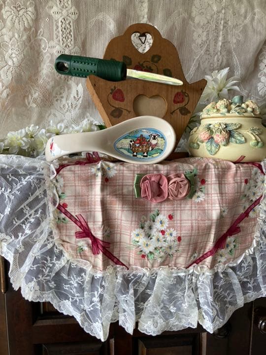 1990年代アメリカンカントリーファームお玉置き＆薔薇フリルコットンレースタオル