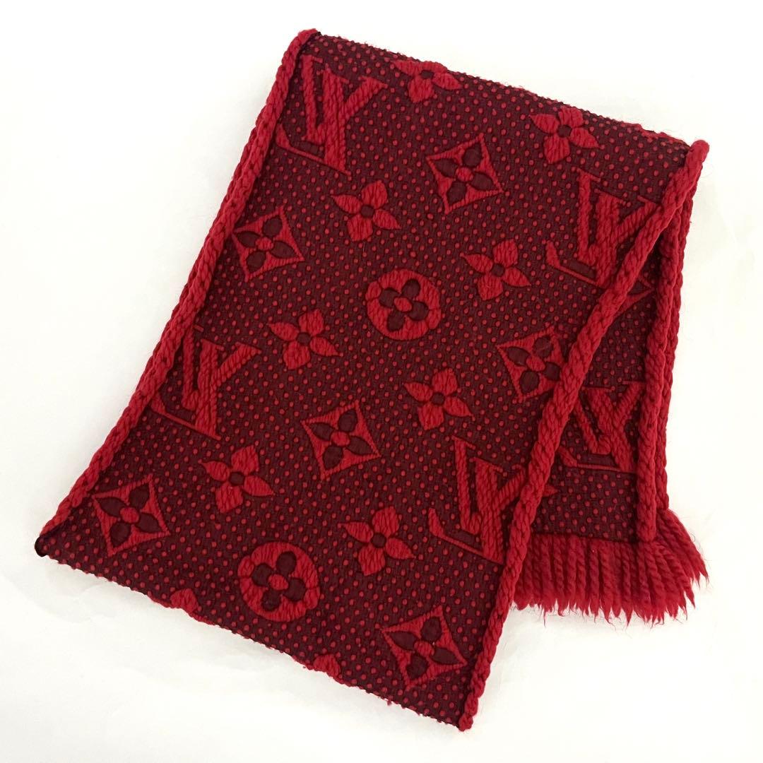 極美品✨赤ルイヴィトン エシャルプ ロゴマニア ルビー マフラー シルク ウール