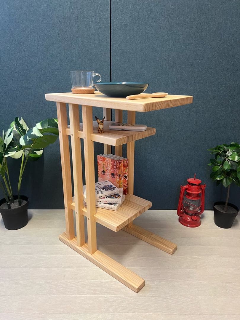 【送料無料】 サイドテーブル 格子形 棚付 45cm30cm パイン ナチュラル