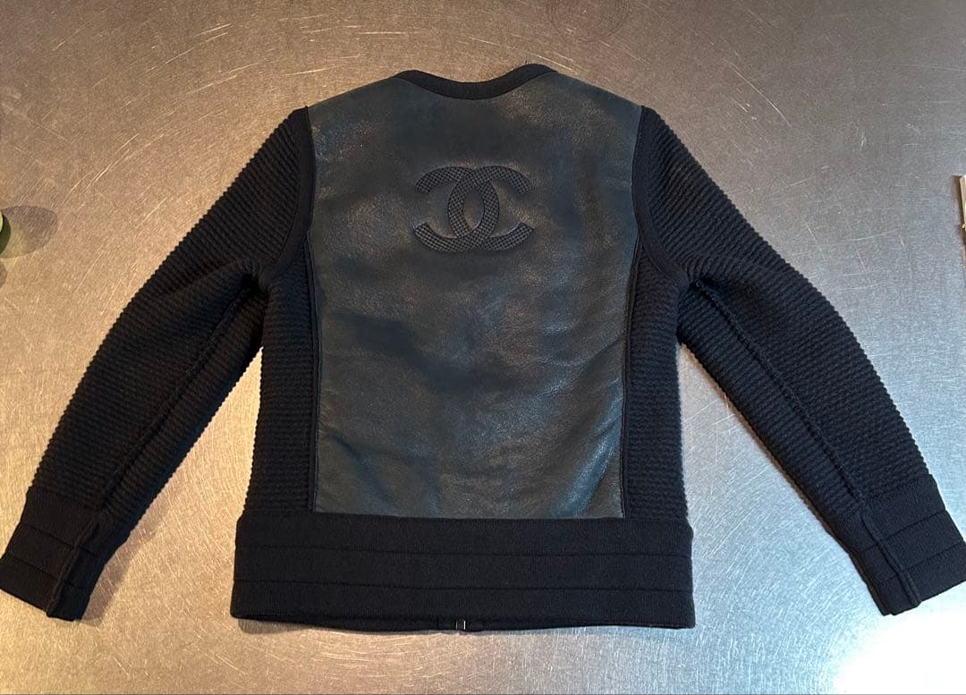 CHANELシャネル ブルゾン　リバーシブル　ラムスキンニット　ネイビー　34