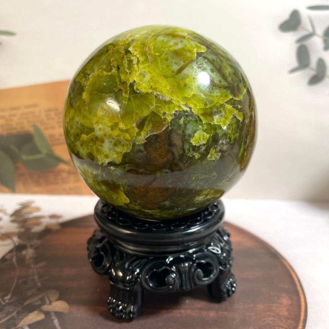 天然石　希少　天然グリーンオパール　大玉スフィア　78ミリ【台座付き】