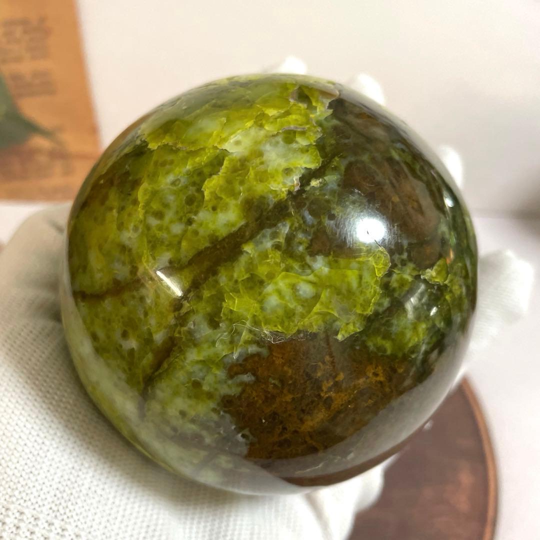 天然石　希少　天然グリーンオパール　大玉スフィア　78ミリ【台座付き】
