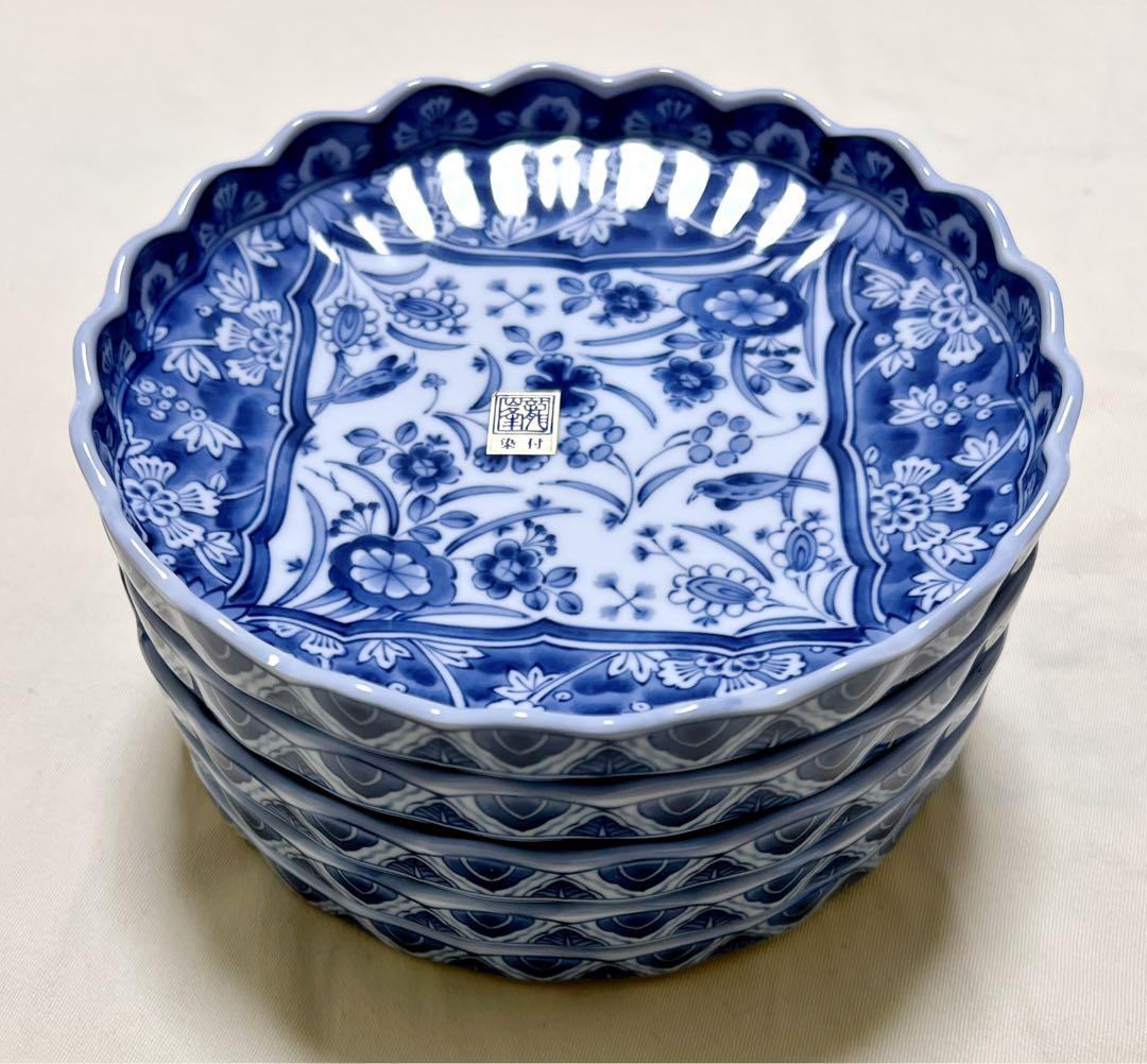 未使用　美濃焼　三洋陶器　龍峰窯　染付更紗　花鳥文　輪花菊割皿5枚