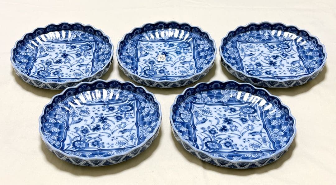 未使用　美濃焼　三洋陶器　龍峰窯　染付更紗　花鳥文　輪花菊割皿5枚