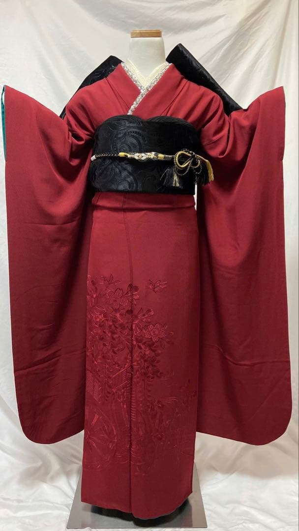 御所車花文刺繍　振袖　成人式　フルセット　正絹　　振袖フルセット