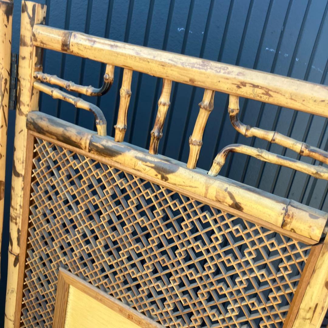 昭和レトロ 竹製格子型屏風 日本画 春夏秋冬草花 4枚 パーテーション 衝立