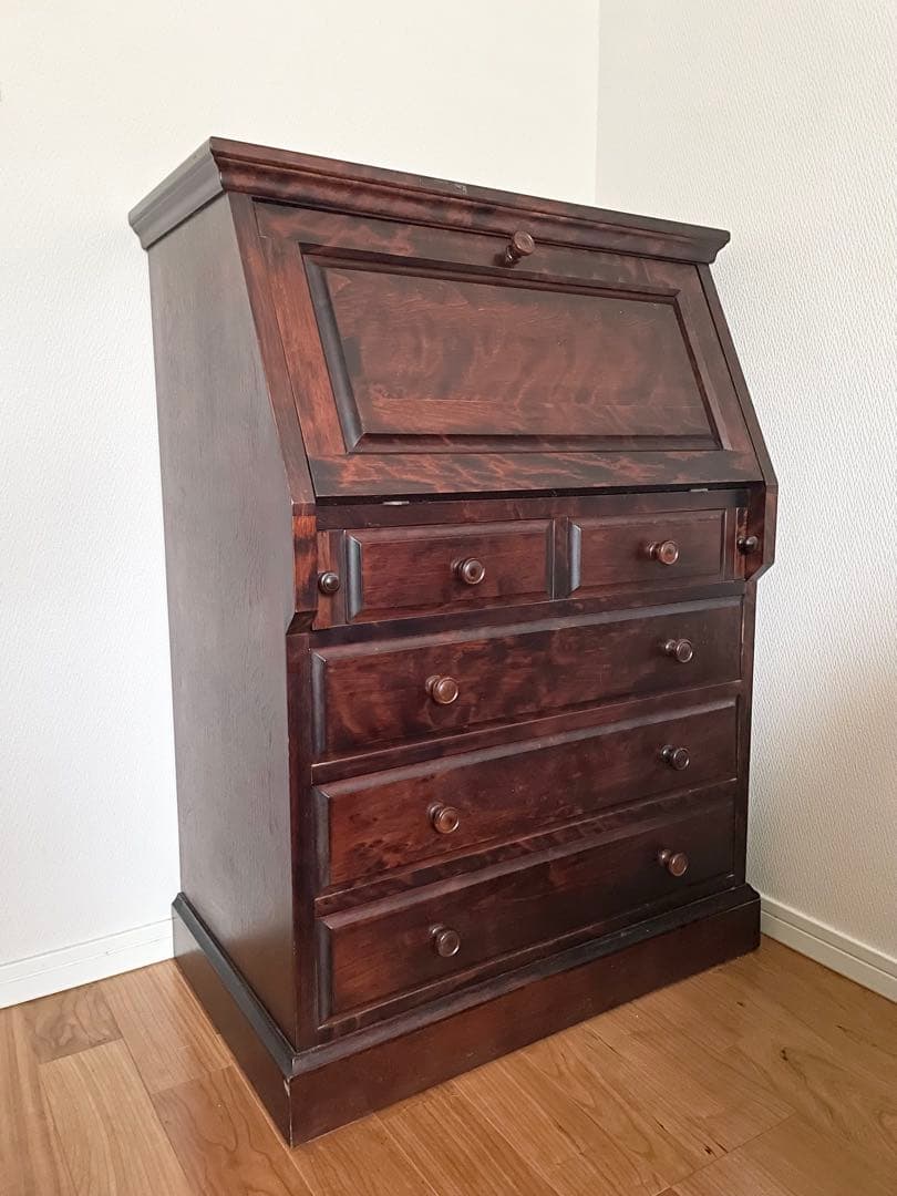 長野松本民芸家具　天然木ライティングビューロー ダークブラウン　デスク　チェスト