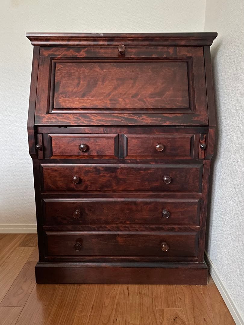 長野松本民芸家具　天然木ライティングビューロー ダークブラウン　デスク　チェスト