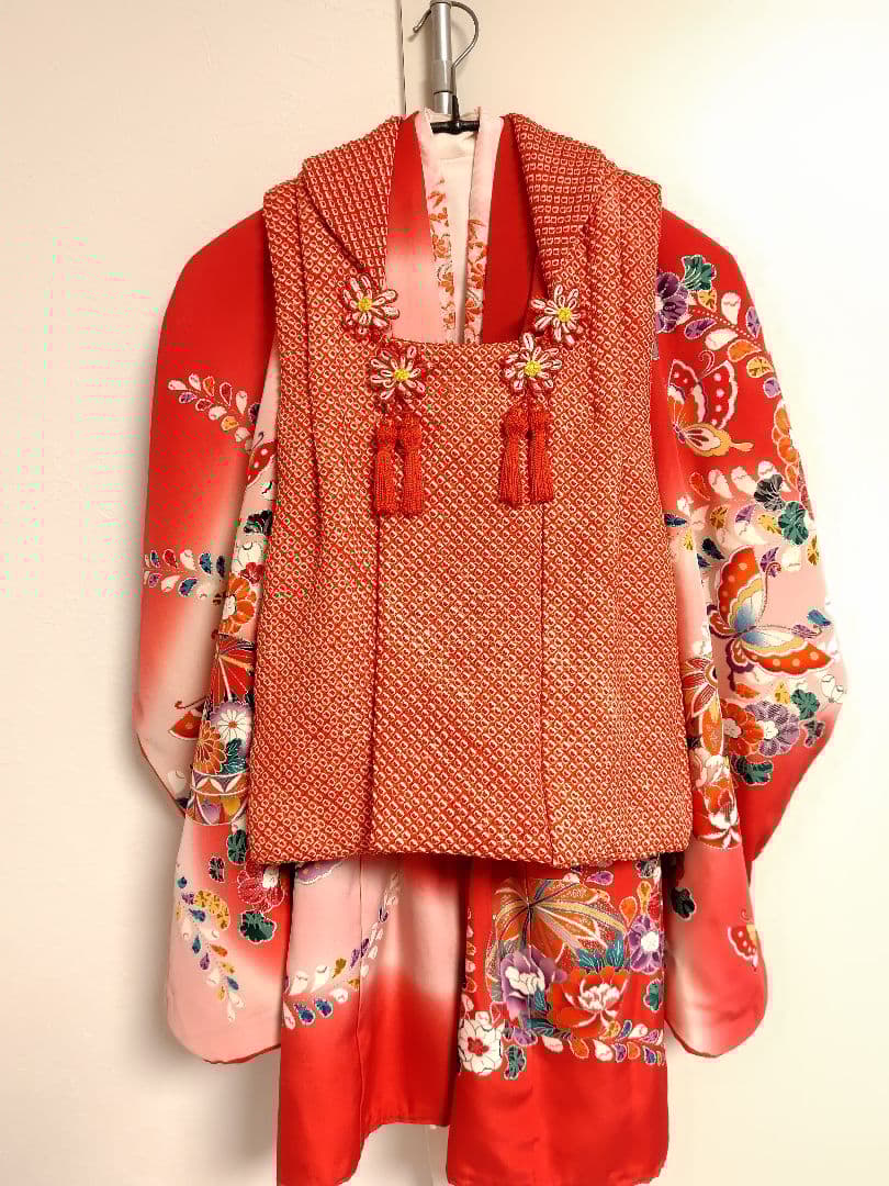 reo622　七五三 ３歳　着物セット　正絹　 お宮参りにも　草履　巾着