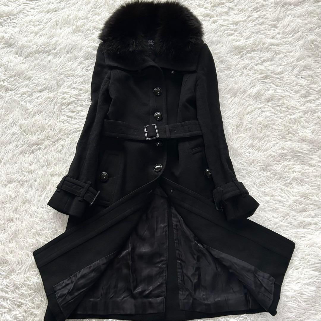 バーバリーロンドン　ロングコート　カシミヤ混　フォックスファー　ベルト　黒　36